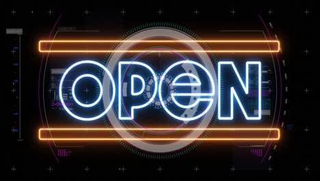 animation of the word open in white neon with circular scope digital interface on black background