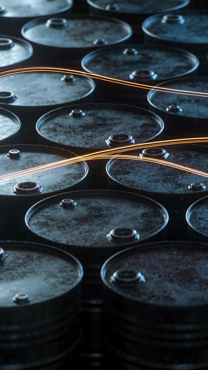 Vertical video: Appearing orange ribbon sweeping across drum lids in storage bay, revealing rows