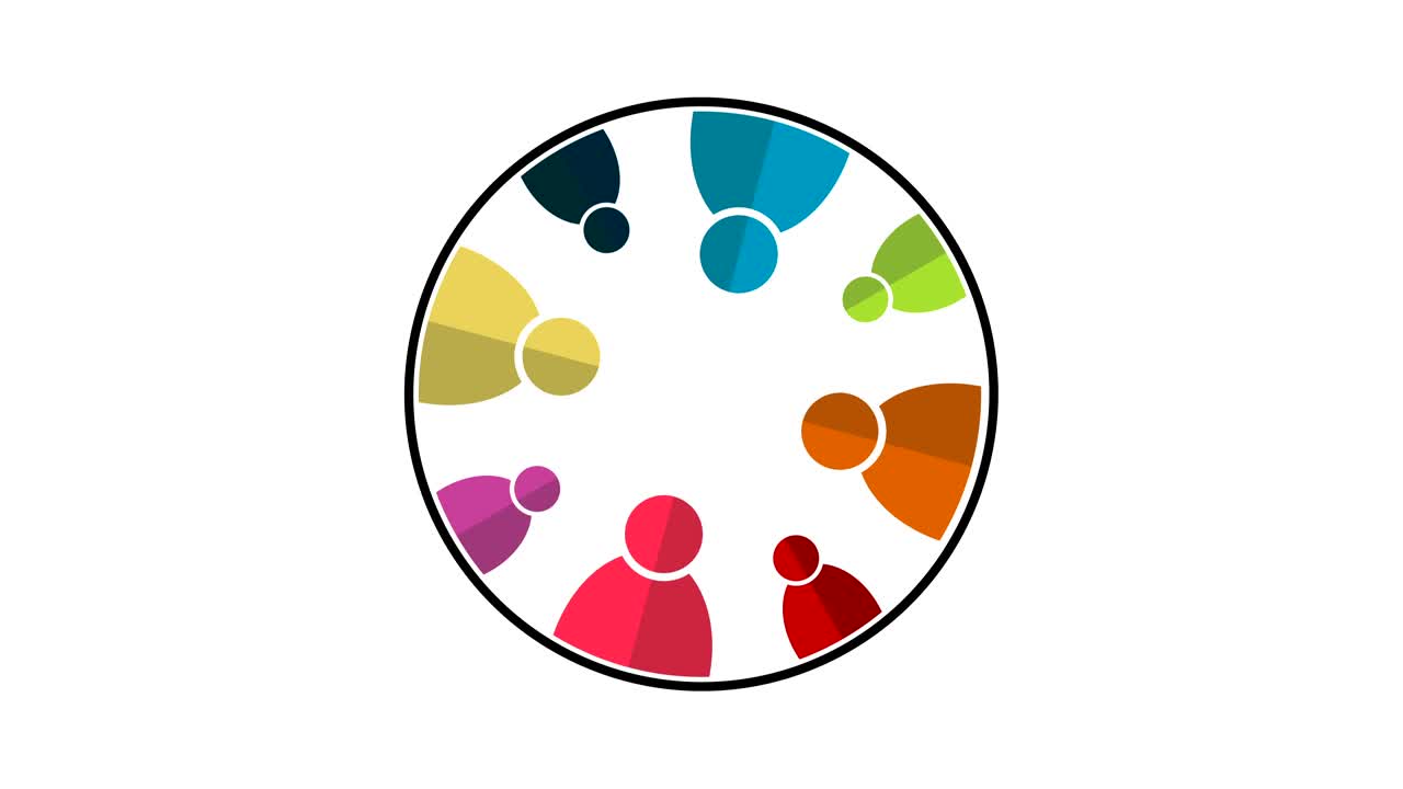 그룹 연결: 원에 있는 8명의 사람들이 4k 해상도 모션 그래픽을 회전합니다.