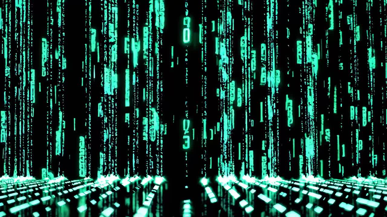 Futuristic digital matrix with glowing green code, viewed from a low angle