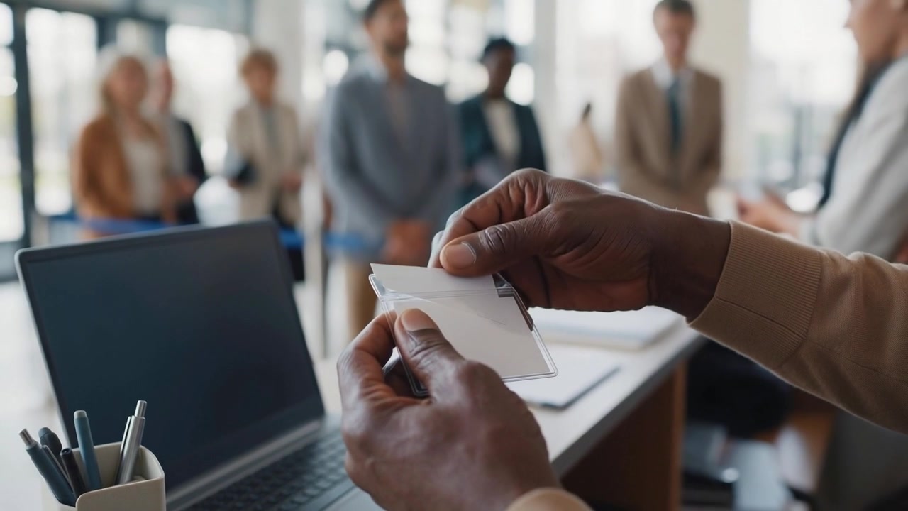 Preparing man in beige top sliding blank card into clear holder at reception desk for check-in
