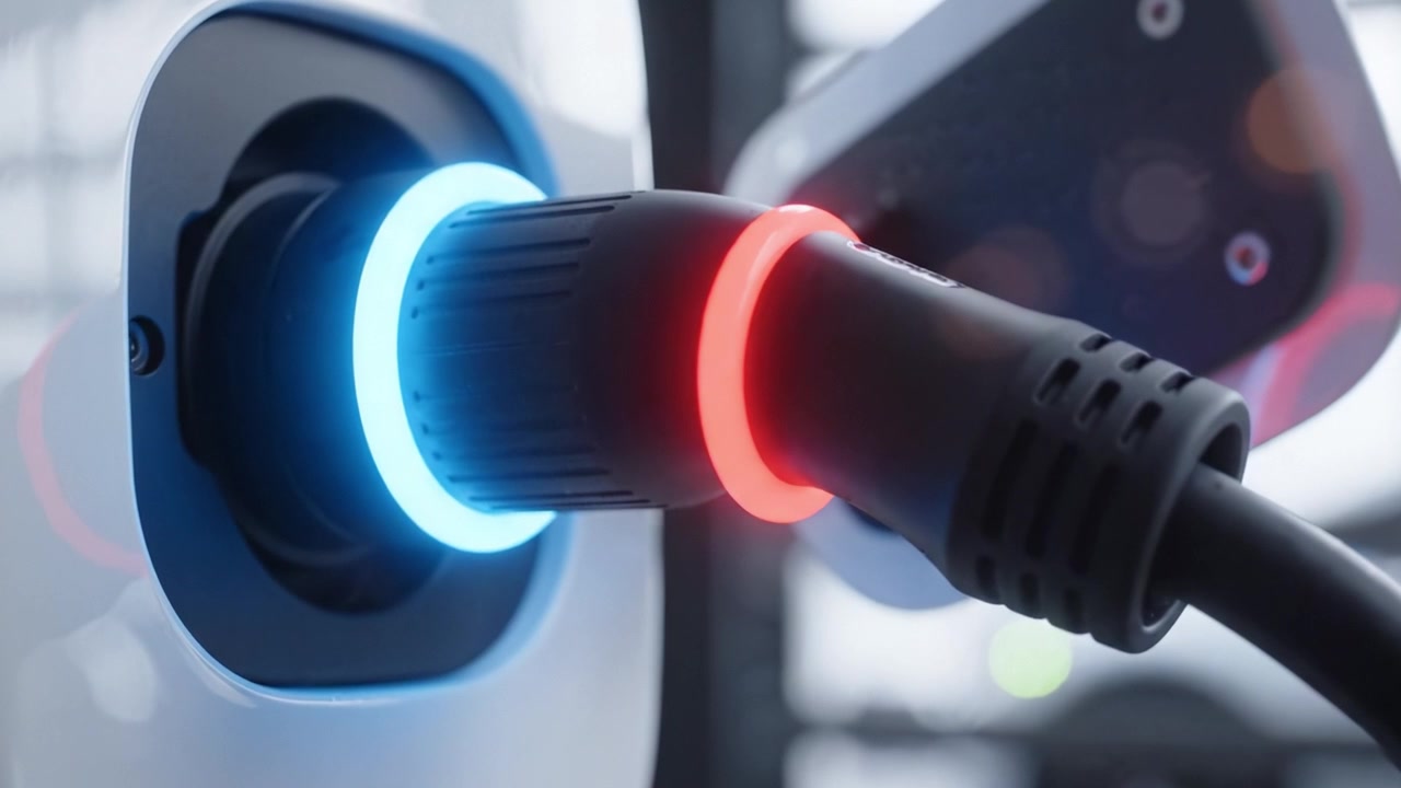 Close-Up of Electric Vehicle Charging Connection: A Detailed Look at the Charging Plug Engaging with the Modern EV Port, Highlighting Technological Advancements in Sustainable Transportation