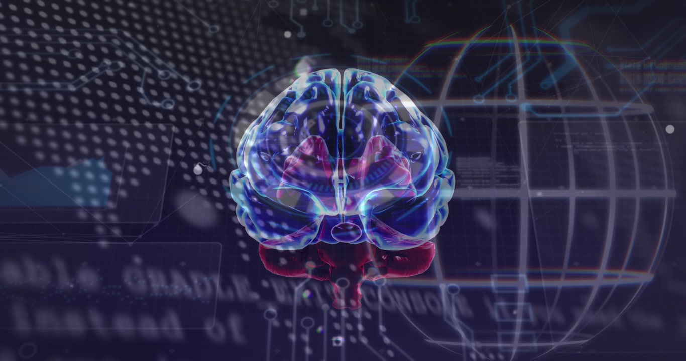 Animation of brain, data processing and globe in navy space