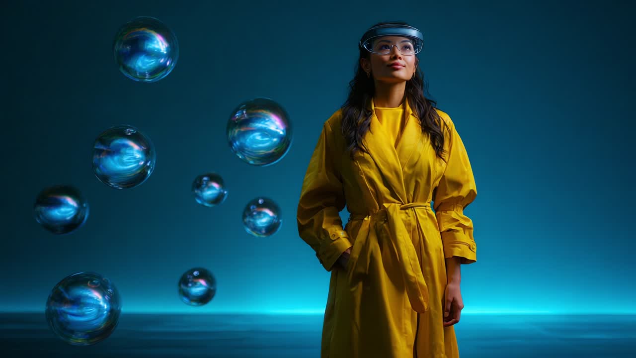 A contemplative individual in a vibrant yellow raincoat stands amidst floating bubbles, exuding an aura of curiosity and wonder against a striking blue background, embodying themes of exploration and imagination