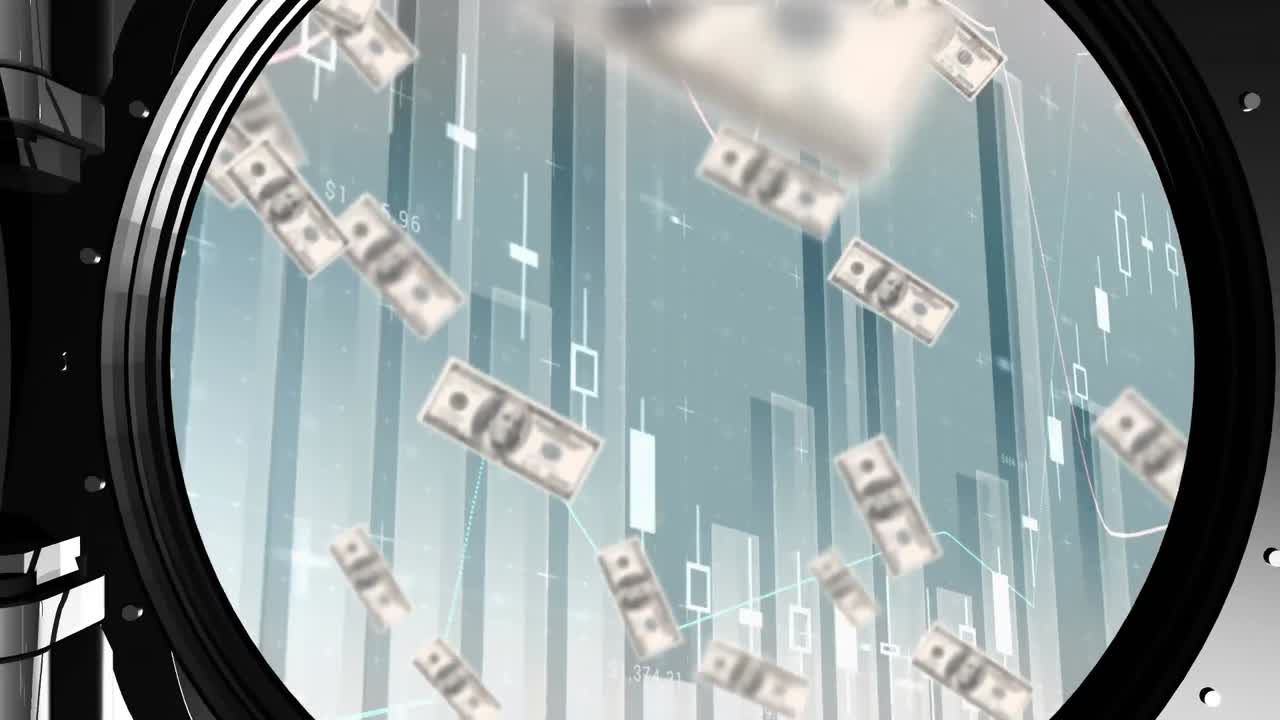 그래프와 달러 지폐가 금고에 떨어지는 것