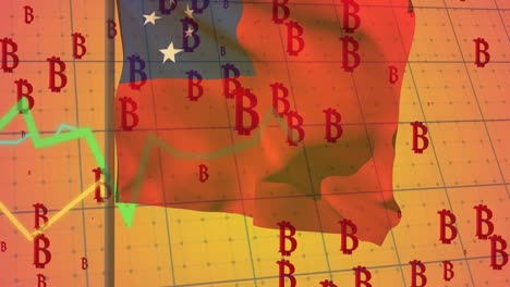 animation of multiple bitcoin symbols and graphs over grid network against samoa flag