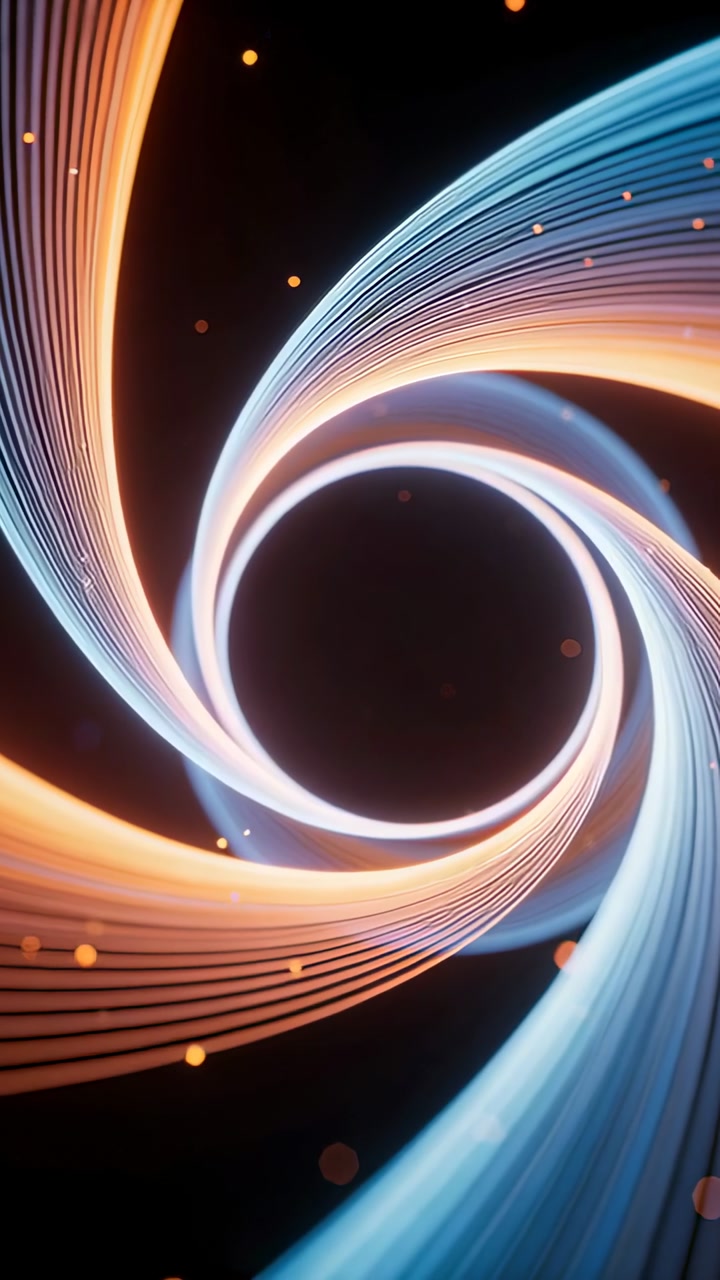 Vertical video: Frame starting layered ribbons rotating, tightening to form vortex over dark void