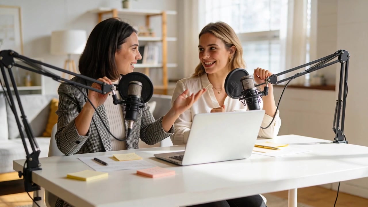 Sistemando i microfoni, due conduttori in blazer fantasia e camicetta in studio, chinati sul laptop, avviano un podcast.
