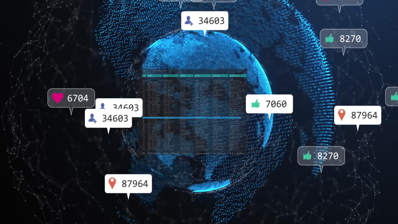 소셜 미디어 아이콘, 회전하는 지구와 파란색 배경에 대한 연결 네트워크의 애니메이션