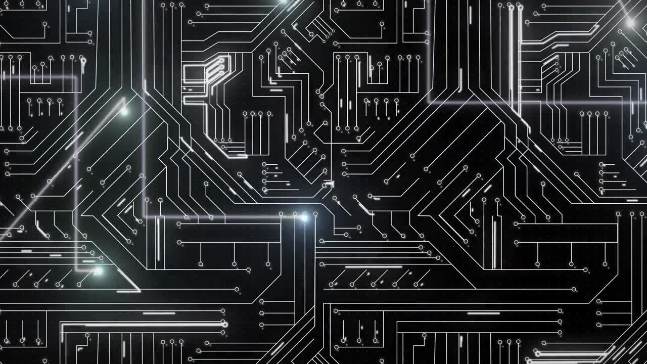Animation of pattern flickering over light trails on circuit board on black background