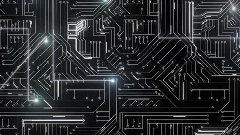 animation of pattern flickering over light trails on circuit board on black background