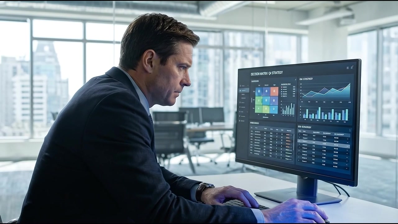 Stressed Businessman Analyzing Financial Data on Computer in Modern Office