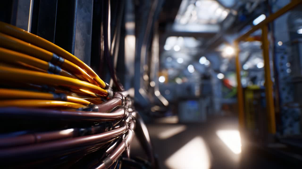 Close-up view of a network of vibrant, intertwined cables showcasing intricate details and a dynamic background in a high-tech environment, reflecting modern connectivity and futuristic design elements