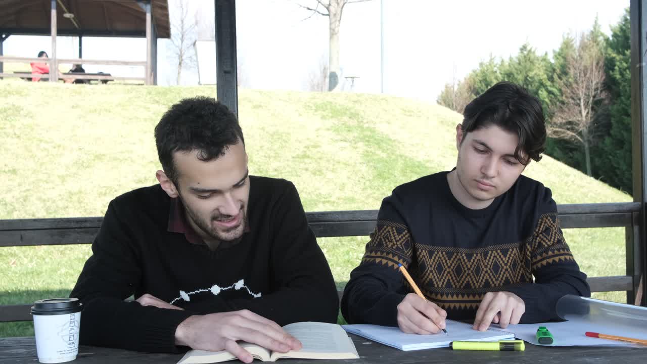 dos chicos estudiando al aire libre