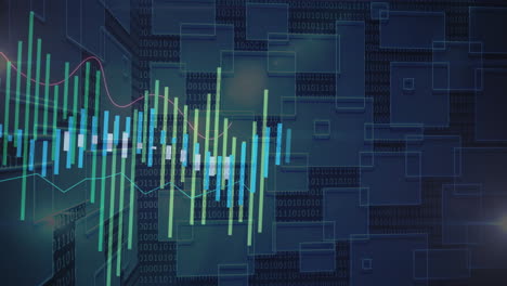 financial data processing animation over binary code and geometric shapes background