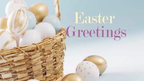 animation of easter greetings text over white and gold easter eggs in basket on blue background