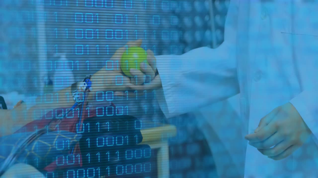 환자의 손을 잡고 혈액을 기증하는 의사의 중간 섹션에 대한 이진 코딩의 애니메이션