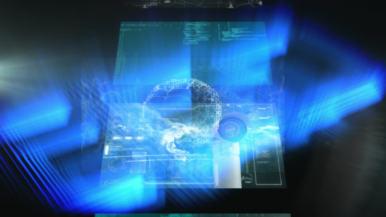 animación de pantallas de interfaz con procesamiento de datos sobre cerebro giratorio y luces azules brillantes