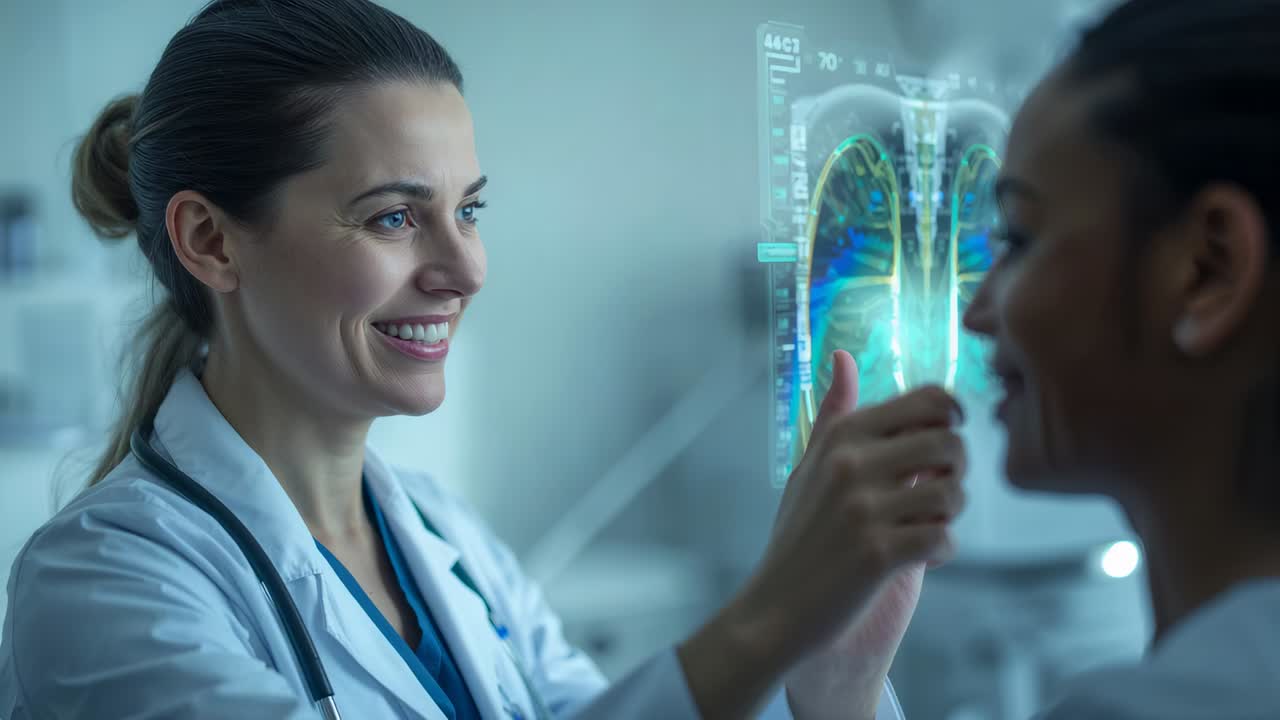 Doctor con bata y estetoscopio explicando un pulmón en 3D tras aparecer una pantalla en la clínica, con un paciente observando