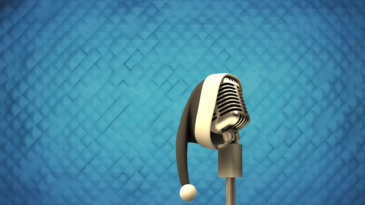 Santa hat on retro microphone against blue background in festive animation setting