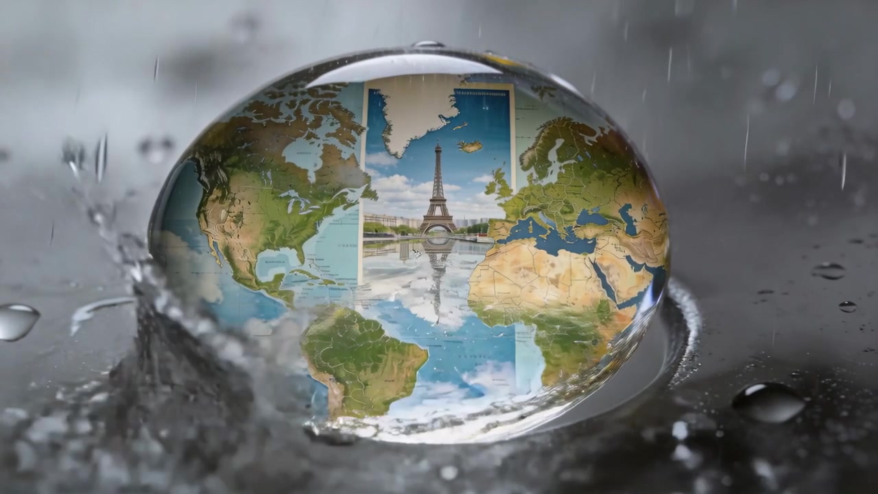 Passing ripple distorting clear droplet on spoon, refracting world map, Eiffel Tower and plane