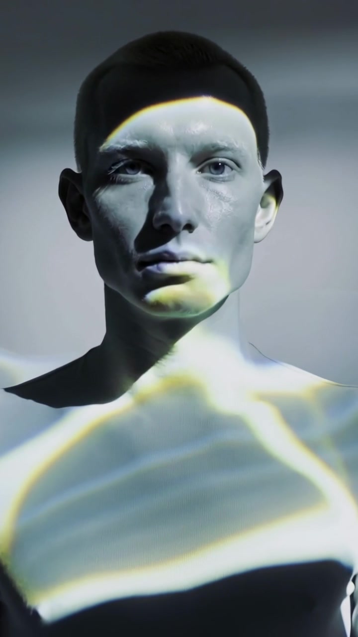 Video verticale: Proiettore che si avvia, un uomo con una maglietta aderente testa in studio mentre fasci di luce gli attraversano il viso.