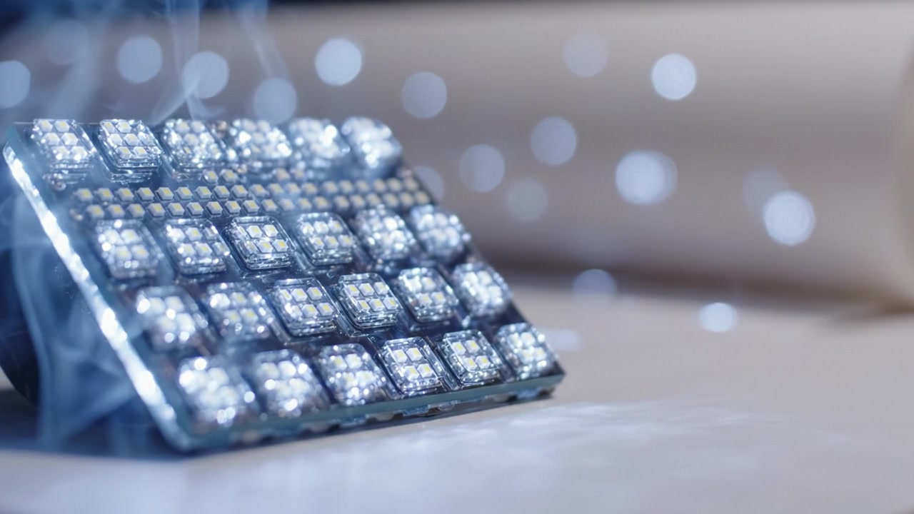 Close-up View of Illuminated LED Chip Board with Glowing Diodes and Soft Smoke Effect, Highlighting Advanced Technology and Future Innovations in Lighting Solutions