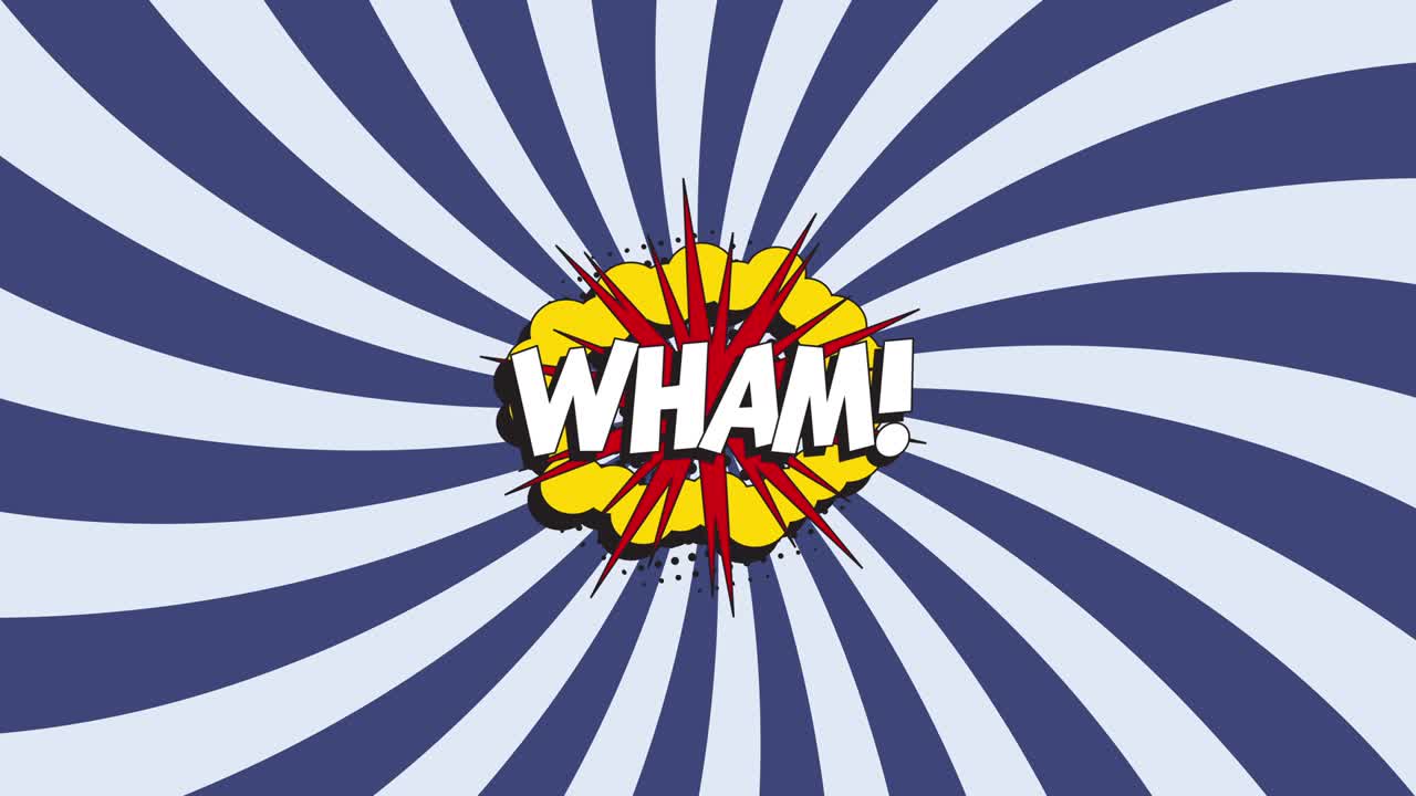 ¡la palabra 'wham!' en burbuja de habla cómica retro con sombra punteada de medio tono en un fondo azul animado