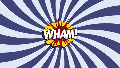 word 'wham!' in retro comic speech bubble with halftone dotted shadow on an animated blue background