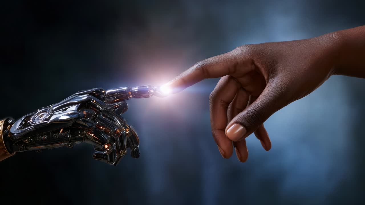 A Fascinating Encounter Between Humanity and Technology: A Human Hand Reaches Out to Meet a Robotic Hand, Symbolizing the Connection Between Natural and Artificial Intelligence in a Stunning Visual Display