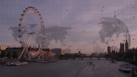 Animación-Del-Procesamiento-De-Datos-Del-Globo-Terráqueo-Y-Del-Mapa-Mundial-Sobre-El-Paisaje-Urbano-De-Londres.