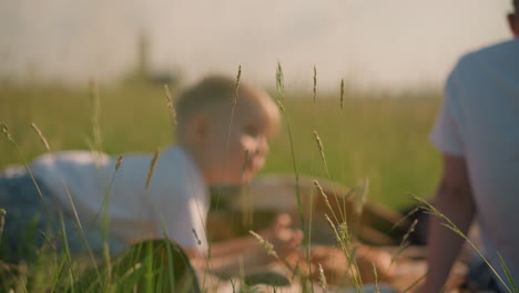 blurred image of two kids wearing white shirts, sitting on a checkered scarf in a grassy field. a loaf of bread is placed between them, capturing a peaceful outdoor moment in a rural setting