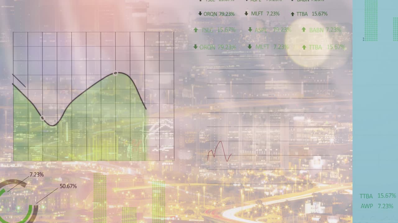 animación del procesamiento de datos financieros sobre el paisaje urbano