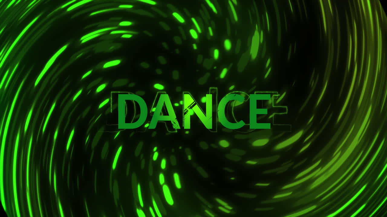 Animation of dance text over light trails on black background