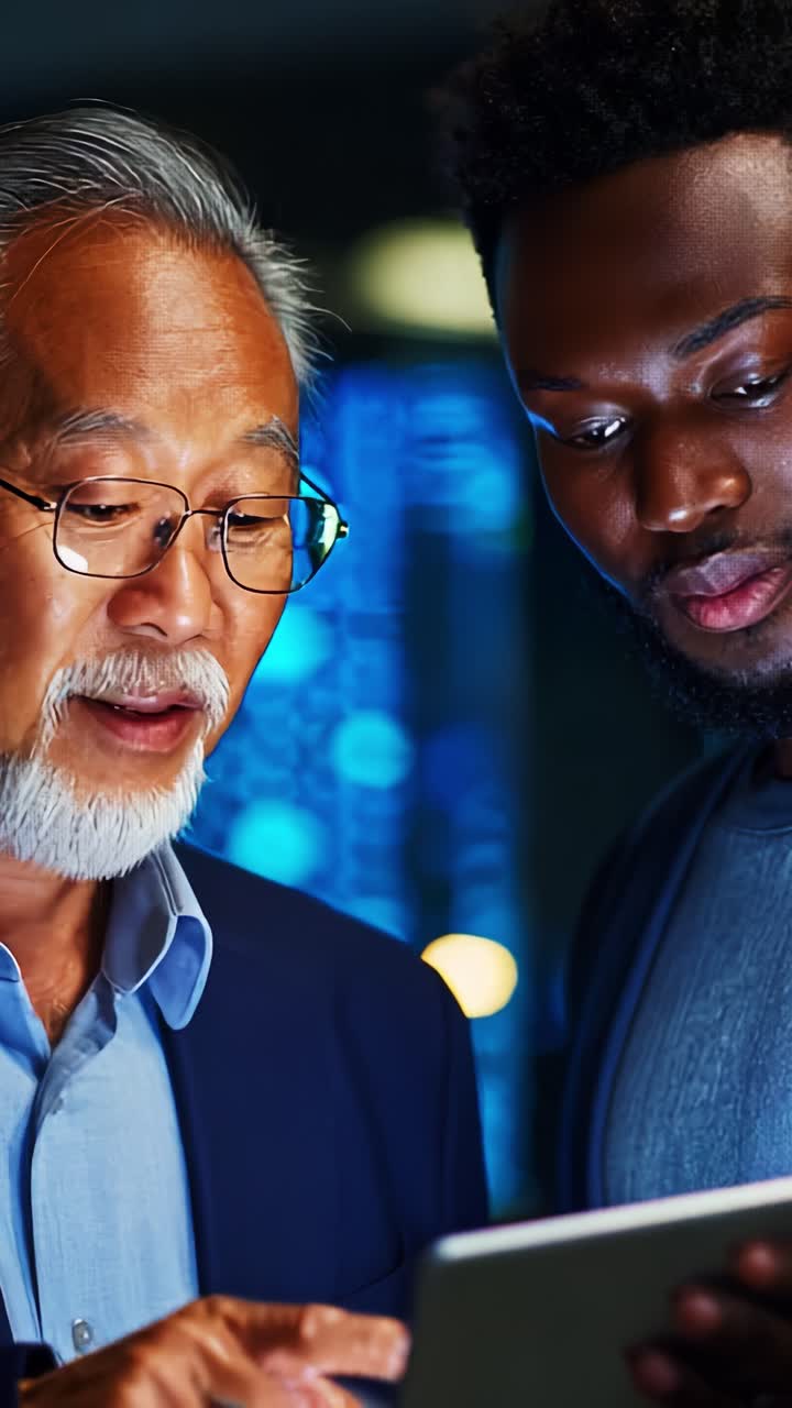 Collaboration and Innovation: Two Professionals Engaged in a Productive Discussion Over a Tablet in a Modern, Technologically Advanced Environment