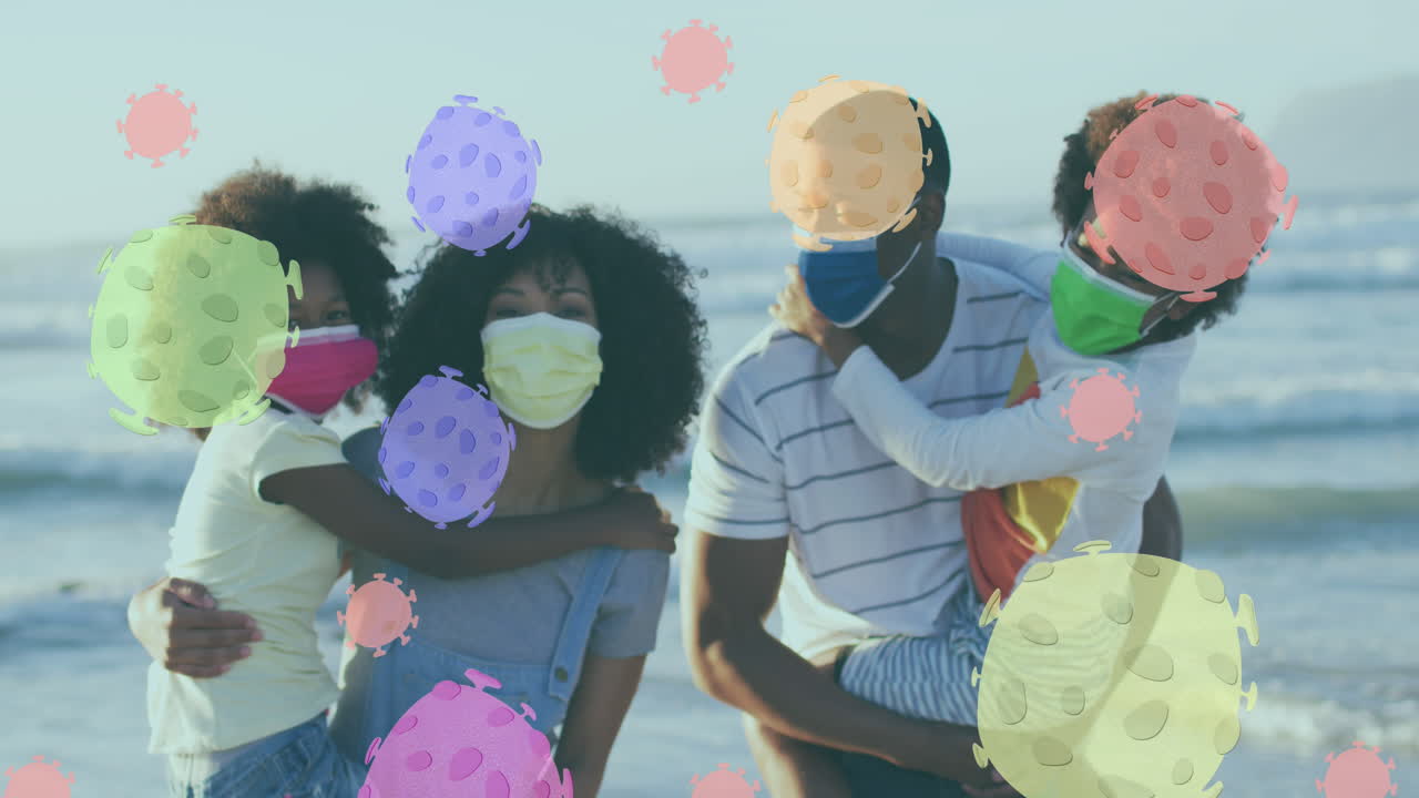 animación de células de virus sobre familia afroamericana con máscaras faciales en la playa soleada