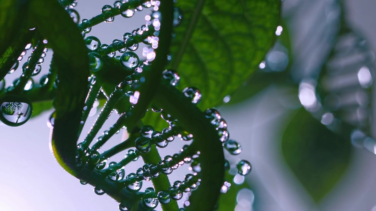 Scatto macro di goccioline d'acqua su uno stelo di pianta che formano un'elica di DNA