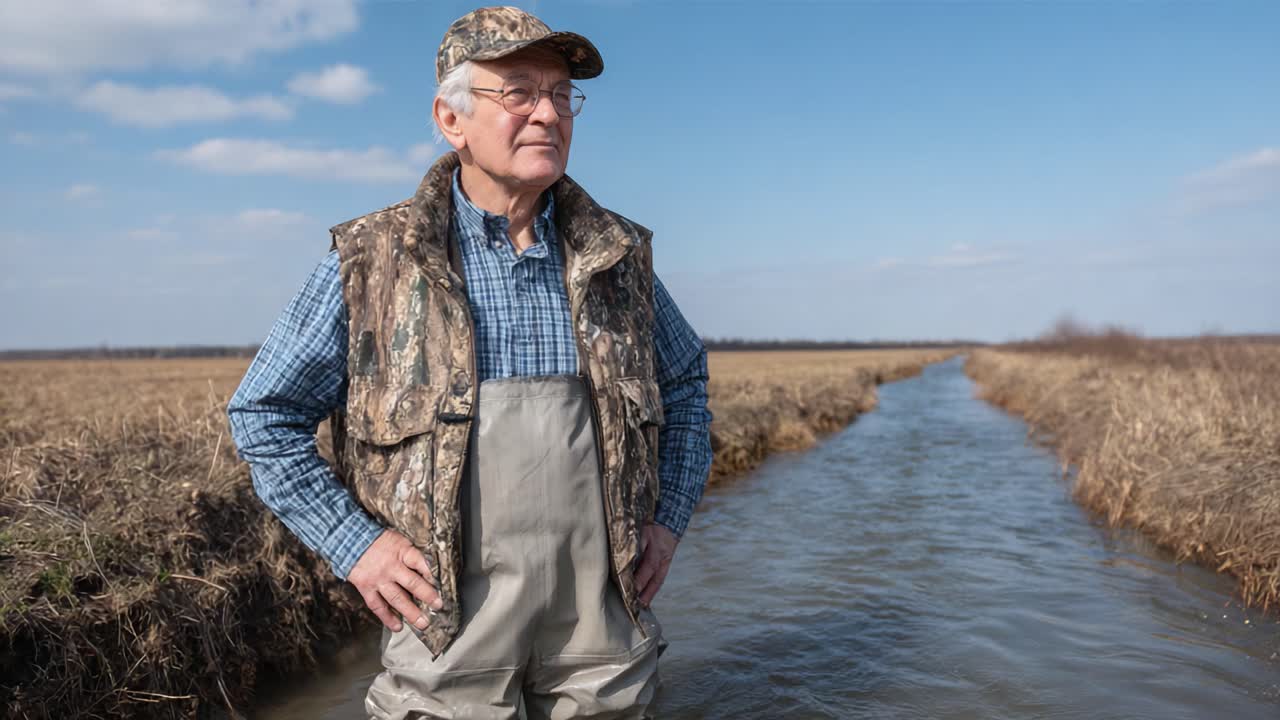 A seasoned outdoorsman stands proudly in a wetland area, donning camouflage attire, ready for adventure on a bright, sunny day surrounded by nature's beauty
