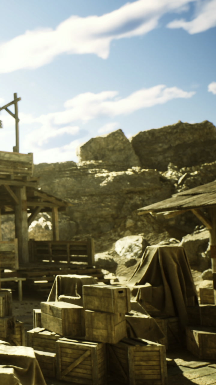 Desert oasis with wooden structures and rocky hills at midday light