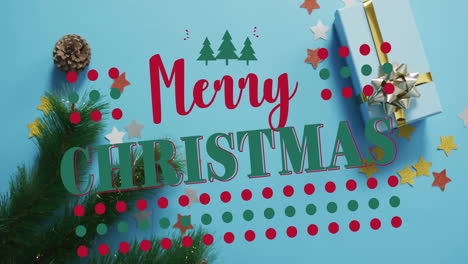 merry christmas text animation over festive decorations and gift box on blue background