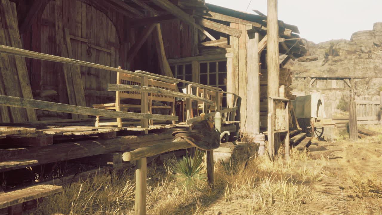 Old wooden structure in a deserted area with dry grass and rustic charm