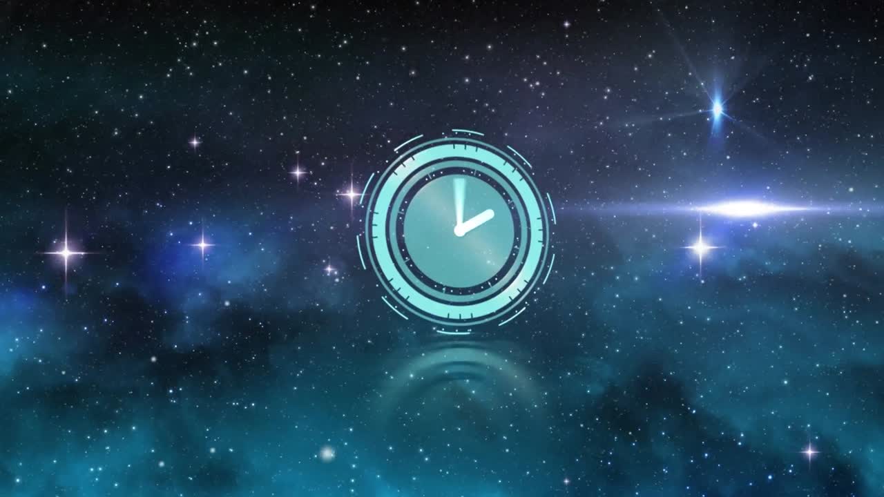 animación de un reloj digital sobre estrellas y destellos de lentes contra un fondo abstracto