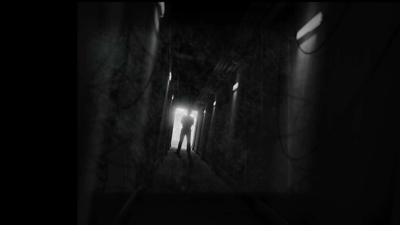 Animation of scratched black and white film of trees and figure backlit in doorway of dark corridor