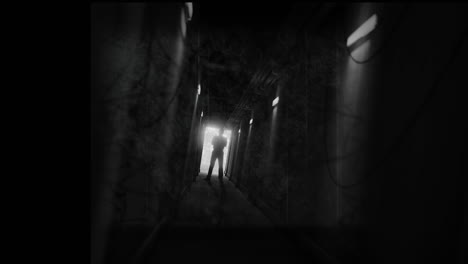 animation of scratched black and white film of trees and figure backlit in doorway of dark corridor