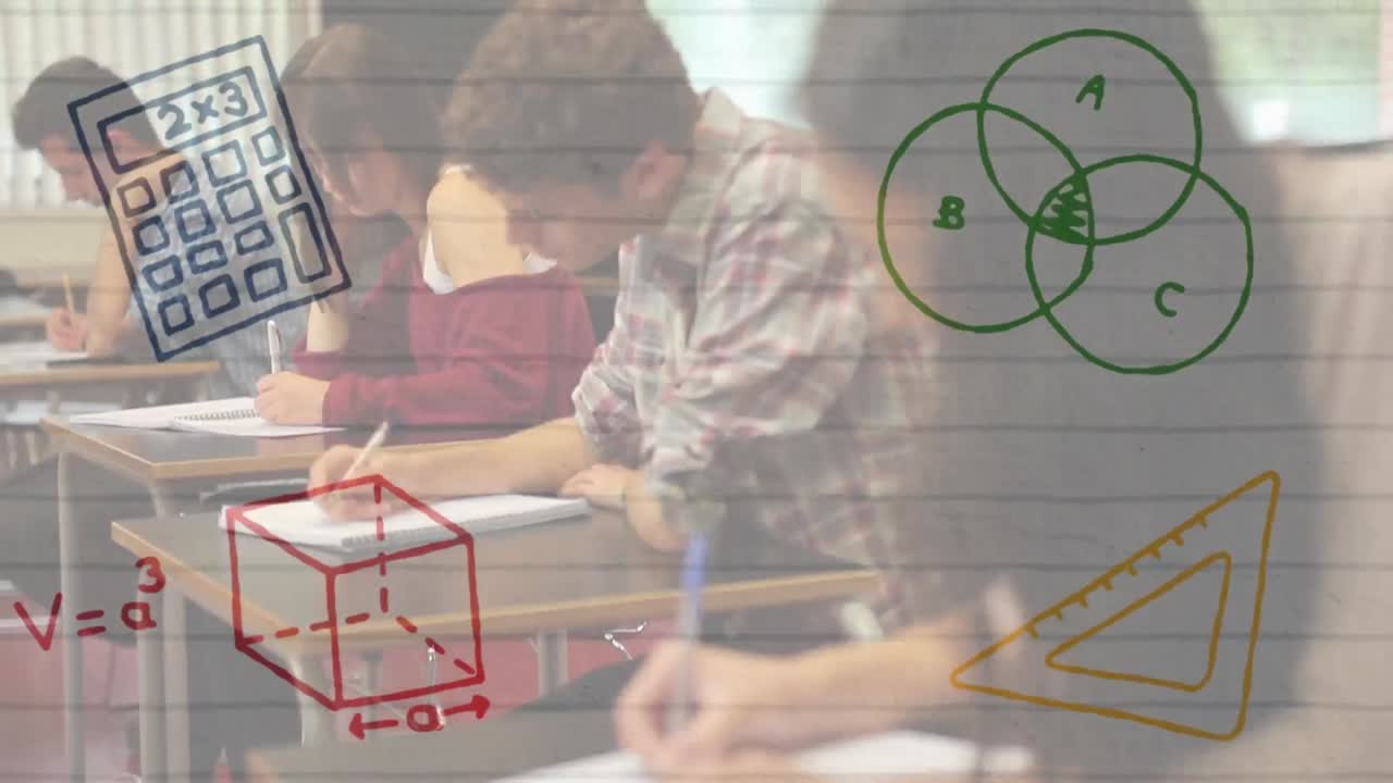 múltiples iconos de conceptos matemáticos sobre un grupo de estudiantes universitarios que estudian en la clase en la universidad