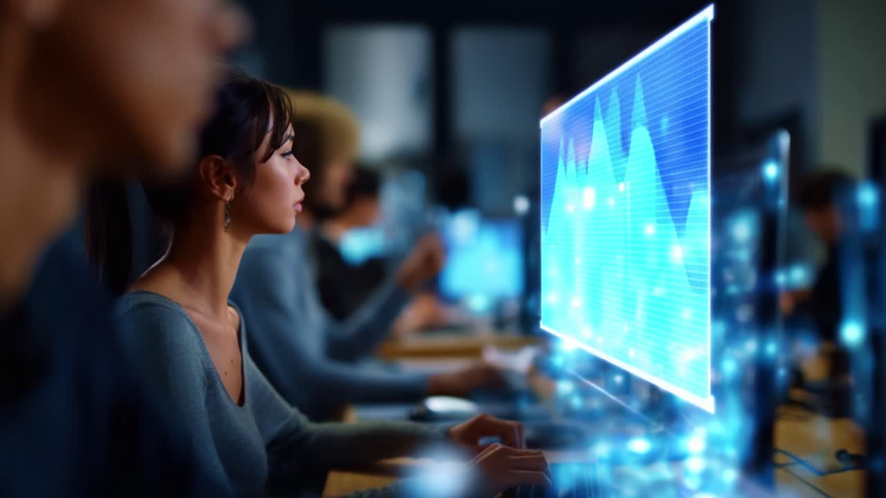 Focused Individual Engaging with Digital Data on Computer Screen While Surrounded by Peers in a Modern, High-Tech Environment of Interaction and Analysis