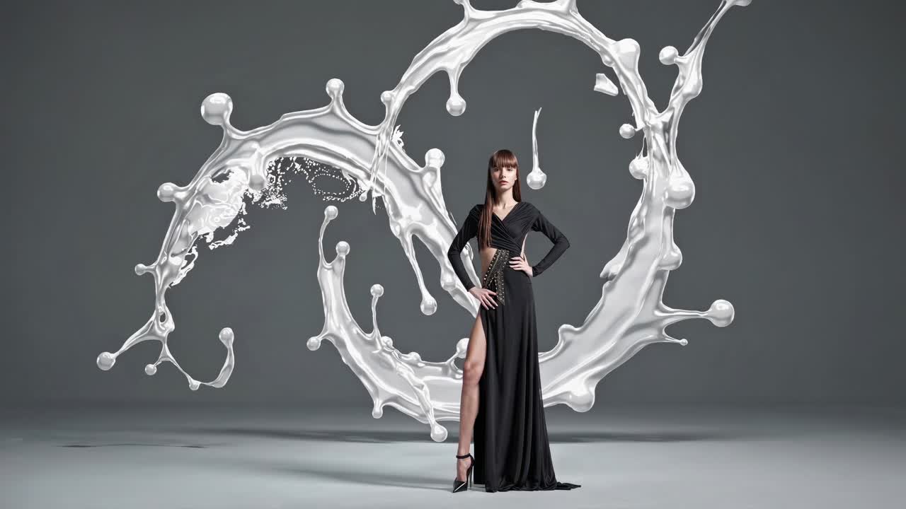 추상적인 스플래시 배경으로 검은 드레스를 입은 여성