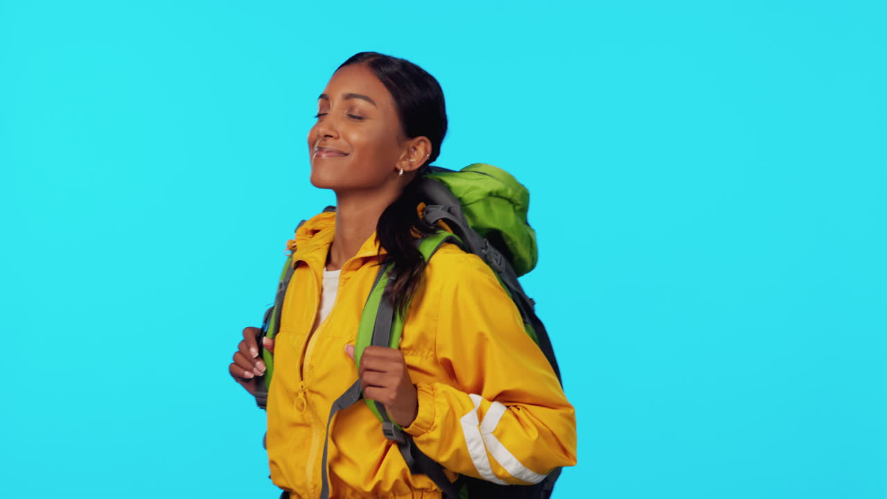 Smelling, happy and a woman hiking for fresh air