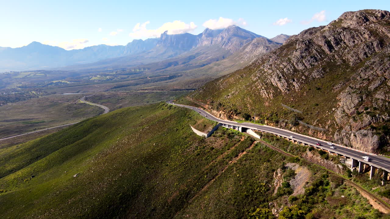 Traffic flow along dangerous Sir Lowry's Pass N2 highway in South Africa, aerial