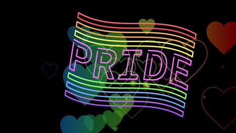 animación de texto de orgullo, bandera y corazones arco iris.
